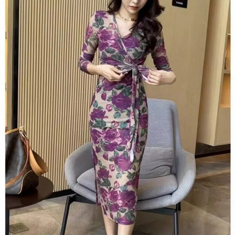 Spring Autumn Elegant Dress Sets Women V-neck Fashion Long Sleeve