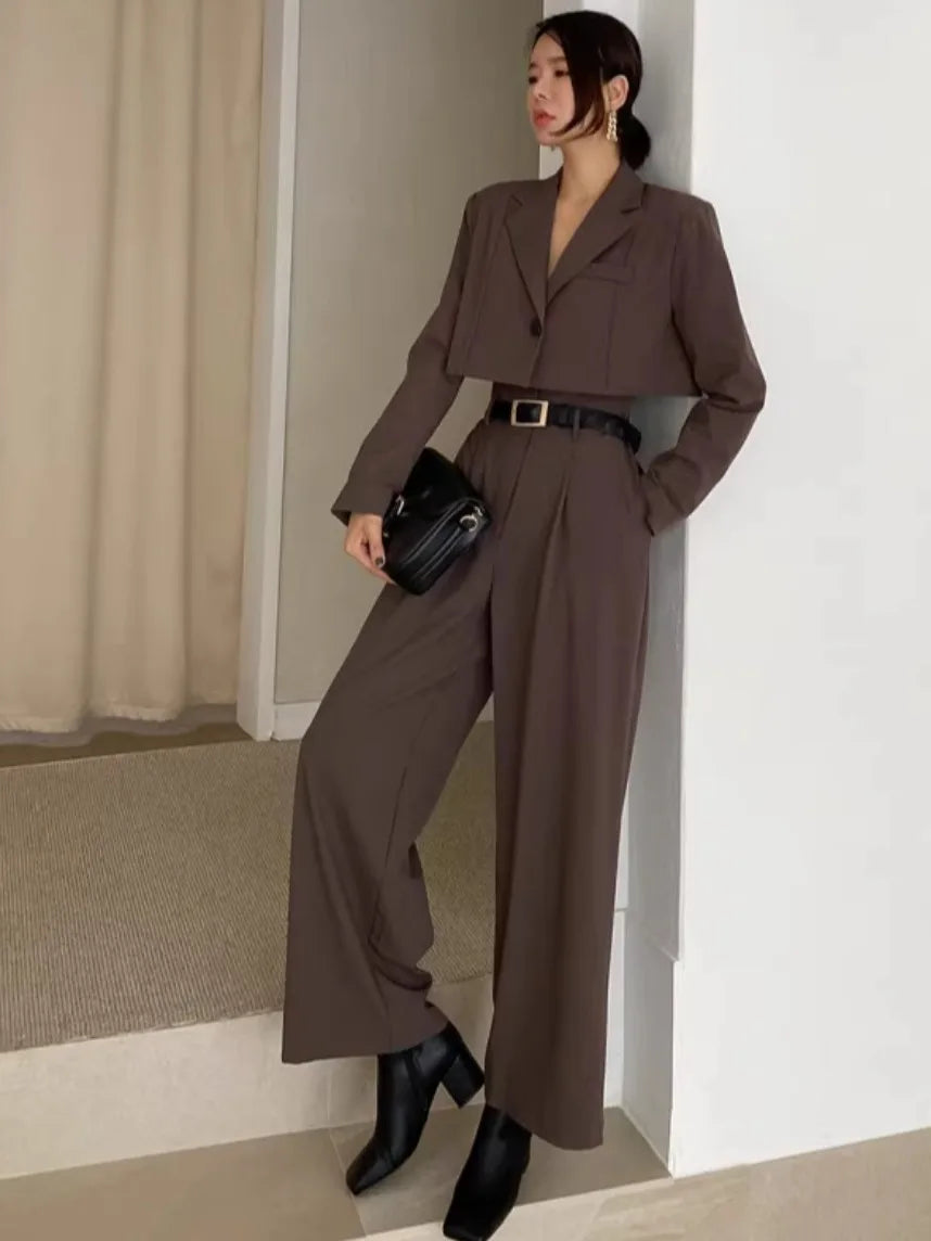 Chic Retro Lapel ort One Button Suit Jaet High Waist Wide Leg Pants