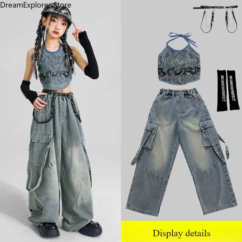K-pop Girls' Denim Crop Top & Cargo Jeans Set