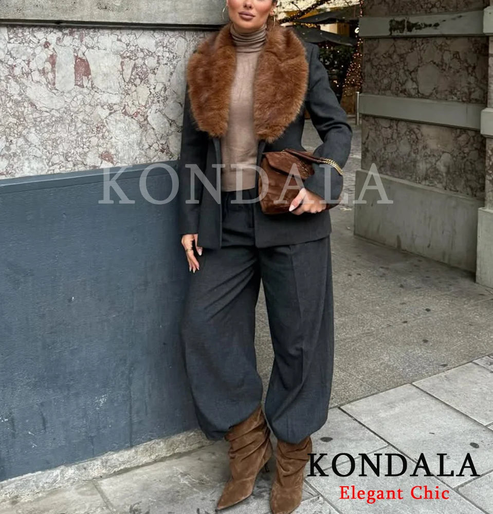 KONDALA Vintage Faux Fur Collar Slim Blazer Women's Elegant Slim Jacket