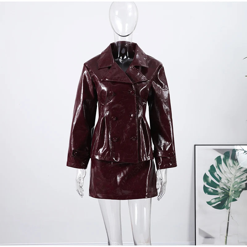 Fashion PU Leather Skirt Sets Women Lapel Long Sleeve