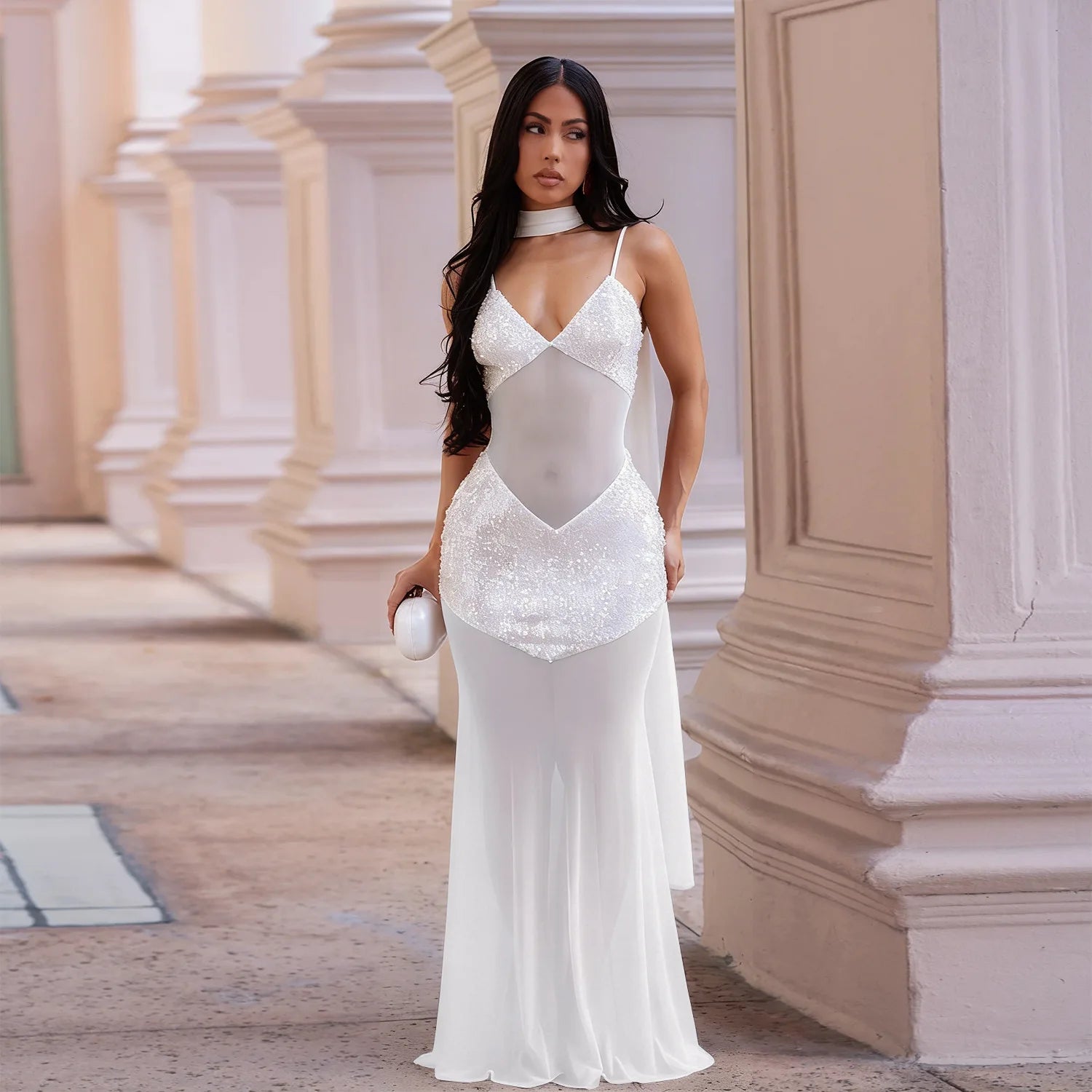 CM.YAYA Women Sleeveless Strap V-neck Mesh Sequin Long Maxi Dress