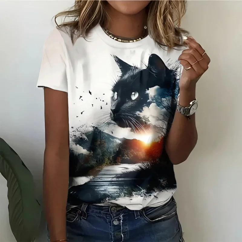 3D Cats Print Oversized T-Shirt
