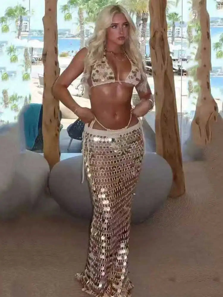 GACVGA Sexy Sequin Crochet 3 Pieces Bikini Set Hollow Out Lace Up