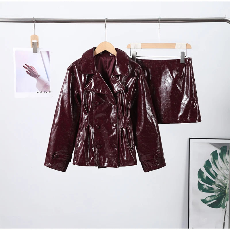 Fashion PU Leather Skirt Sets Women Lapel Long Sleeve