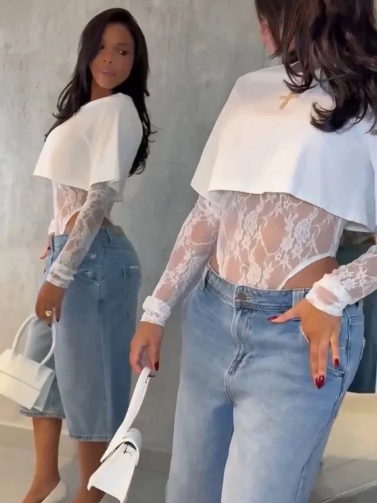 Trendy Lace Jumpsuit Shirt Two Piece Set Women's O-neck Short Sleeve Cover Up Bodycon Top 2025 Summer Female Streetwear Outfit