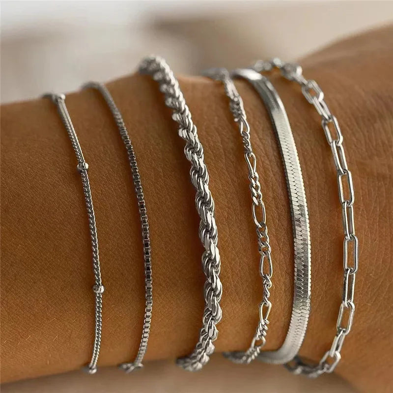 6Pcs Gold Boho Retro Cuban Chain Bracelet Set