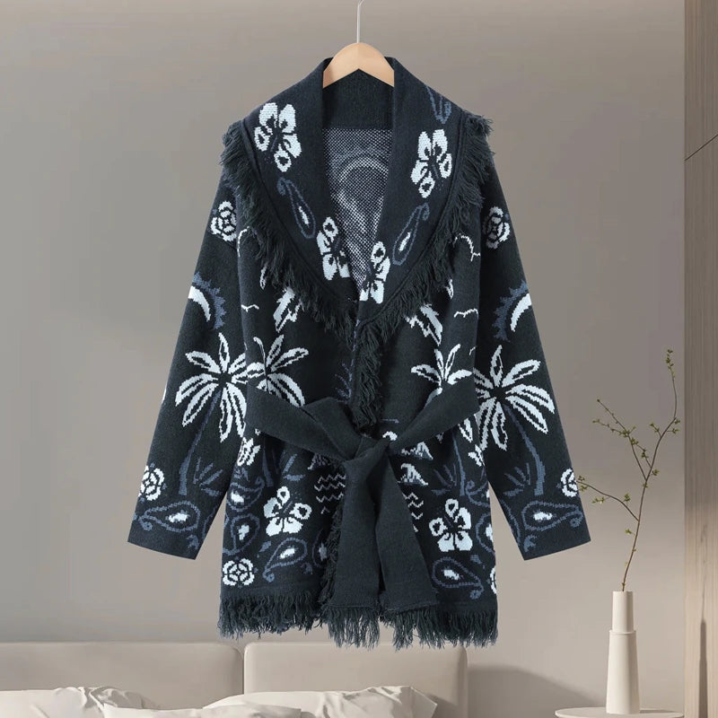 Geometric Jacquard Fringe Belted Waist