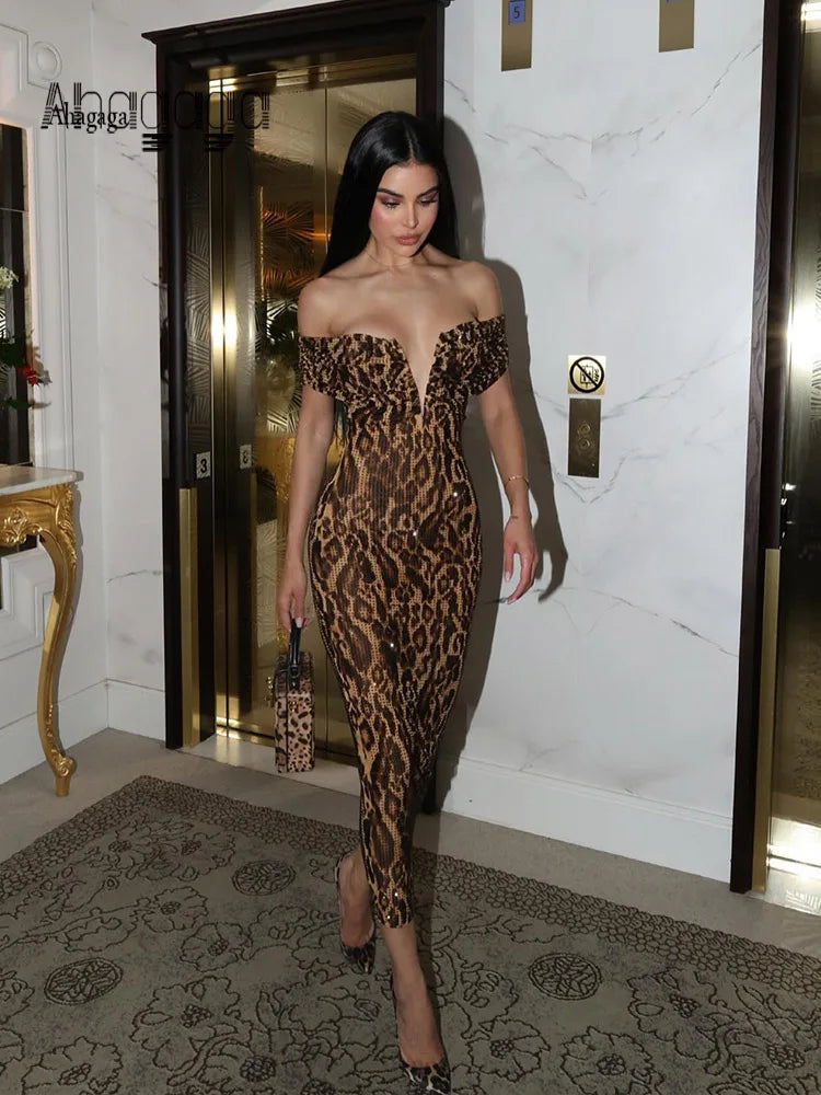 Ahagaga Sexy Leopard Women's Party Dresses Sequins Slash Neck Sheath Bodycon Long Maxi Short Sleeves Elegant Slim Vestidos Robes