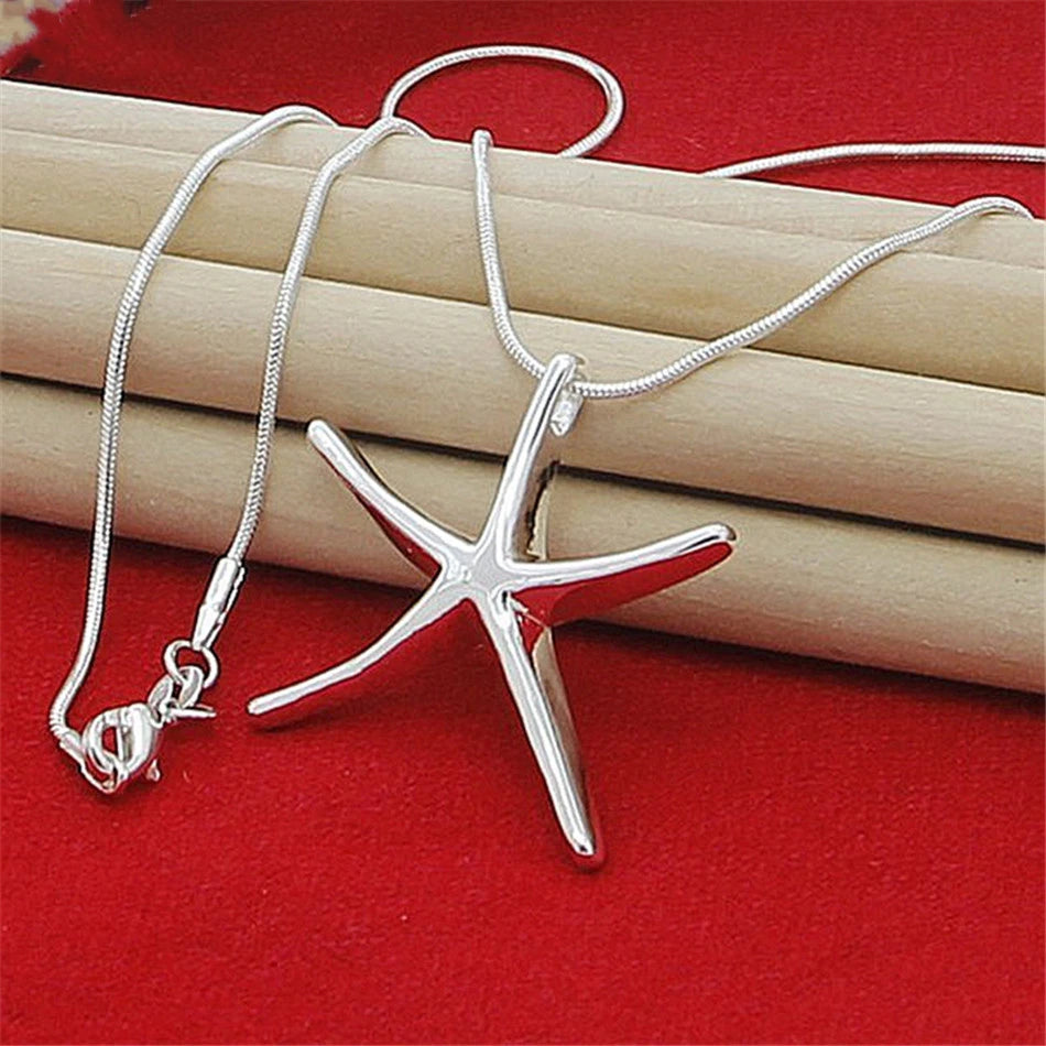 925 Sterling Silver Star & Starfish Charm Necklace