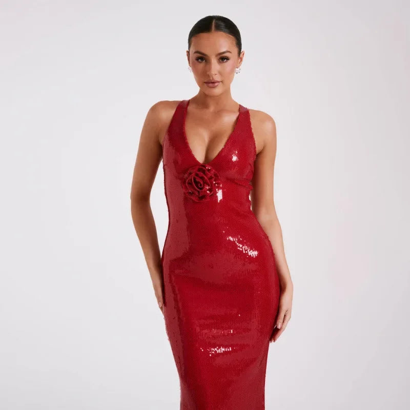 New Hollow out Backless Party Dress Sequin Split Long Skirt Women V Neck Sleeveless Ankle Length Regular Waistline Gown