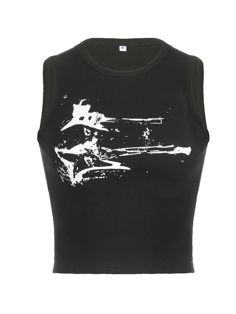 Guitar Print Sleeveless Crop Top