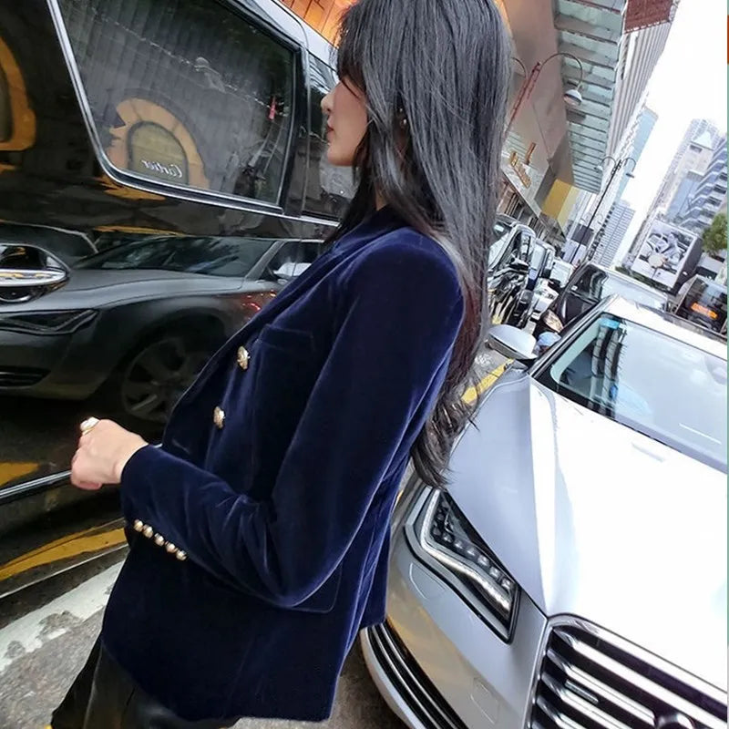 New Spring Fashion Women Midnight Navy Slim Velvet Blazer
