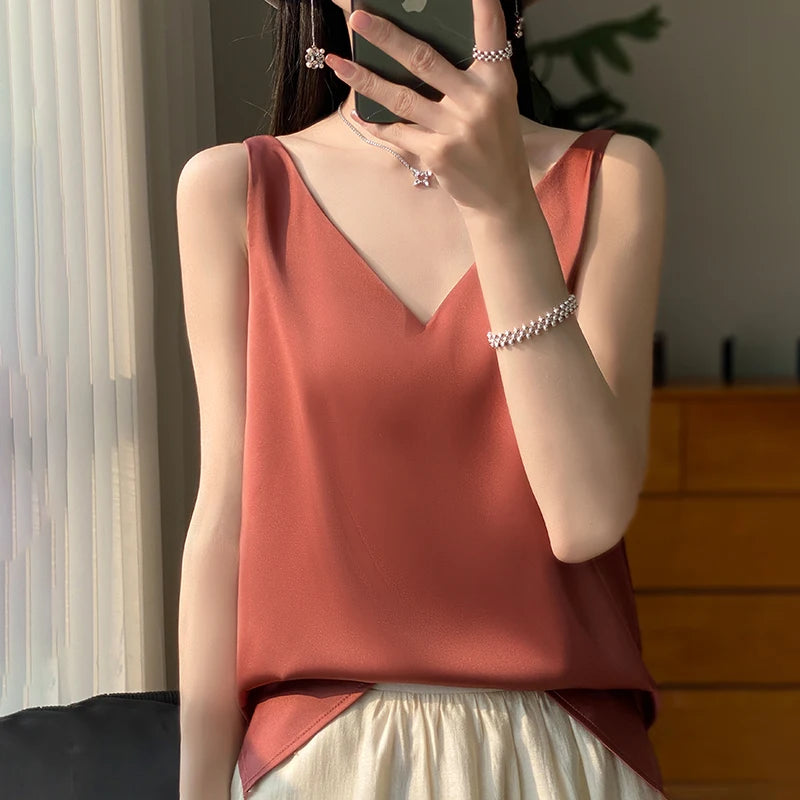 Silk Satin V-neck Sleeveless Tank TopSilk Satin V-neck Sleeveless Tank Top