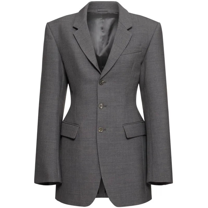 KWTX 2025 Grey Slim Fit Blazer Women's Stylish 3-Button Tapered Waist Spring Summer Light Jacket Office Chic Coat