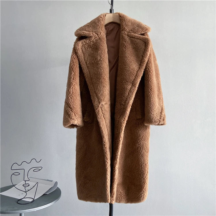 Winter Jacket Women Long Coat Wool Woven Fabric Thick Warm