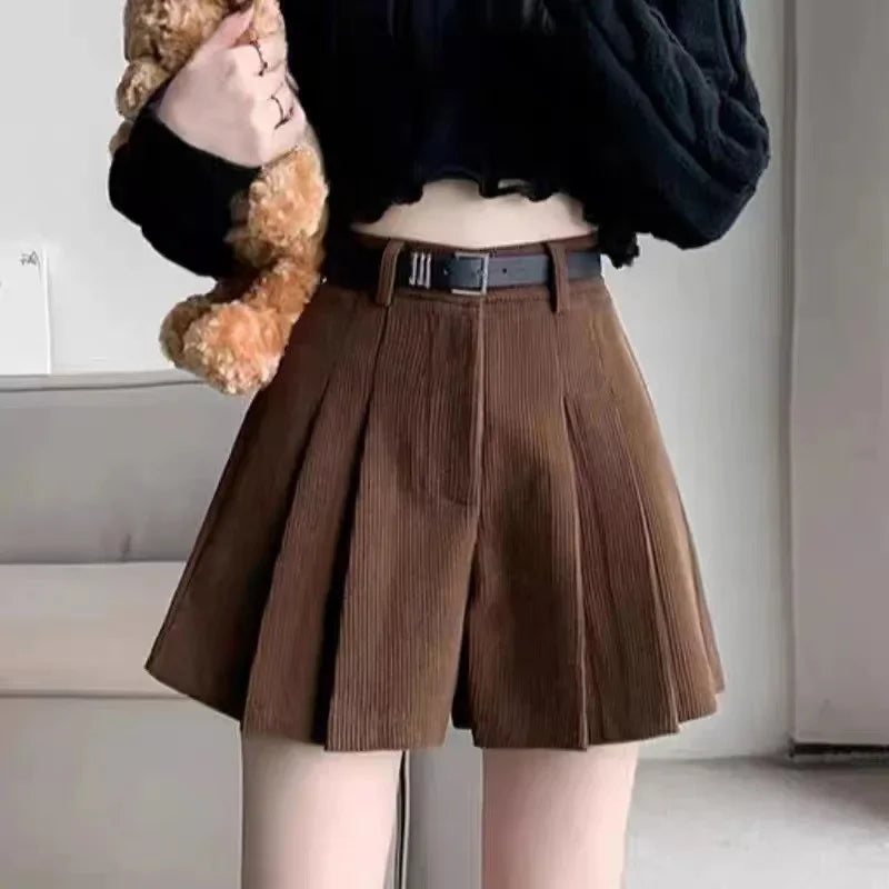 High-Waisted Khaki A-Line Corduroy Skirt