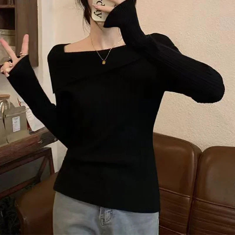 Solid Slim Off-Shoulder Knit Sweater for Women
