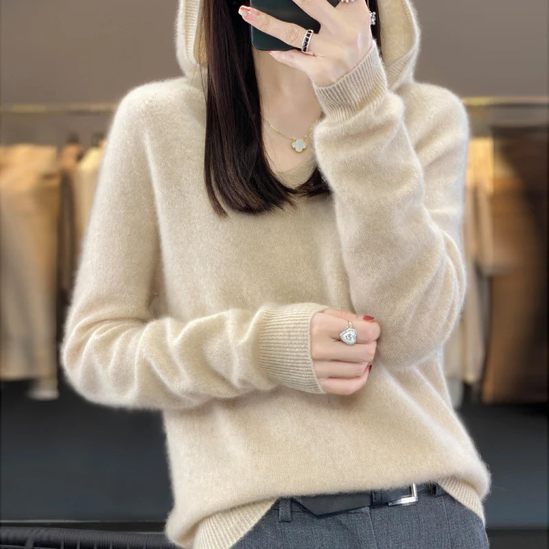 100% Merino Wool V-Neck Hoodie for Women