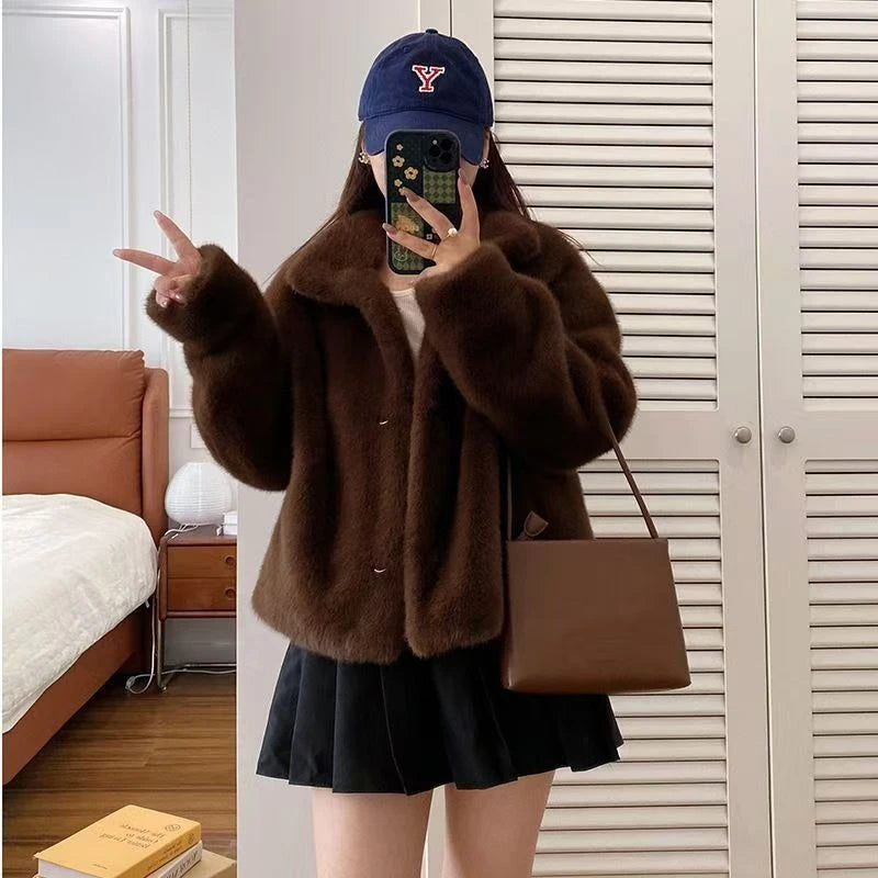 Women Fashion Stand Collar Mink Fur Top Female Long Sleeves