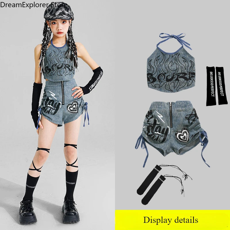 K-pop Girls' Denim Crop Top & Cargo Jeans Set