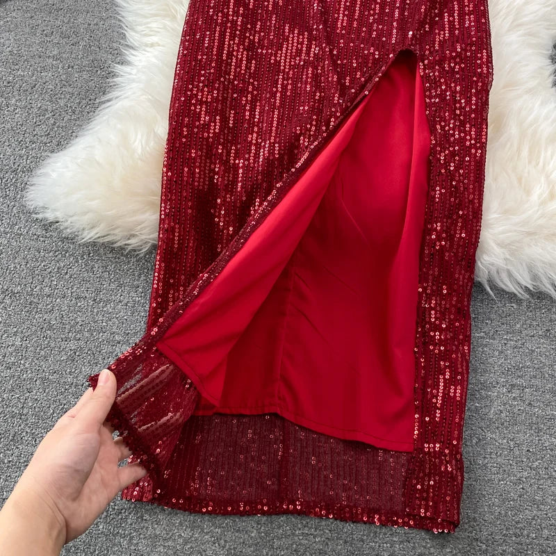Sexy Party Dress Women Elegant Sequins Glitter Evening Club Dresses Deep V-neck Spaghetti Strap Sleeveless Split Long Maxi Dress