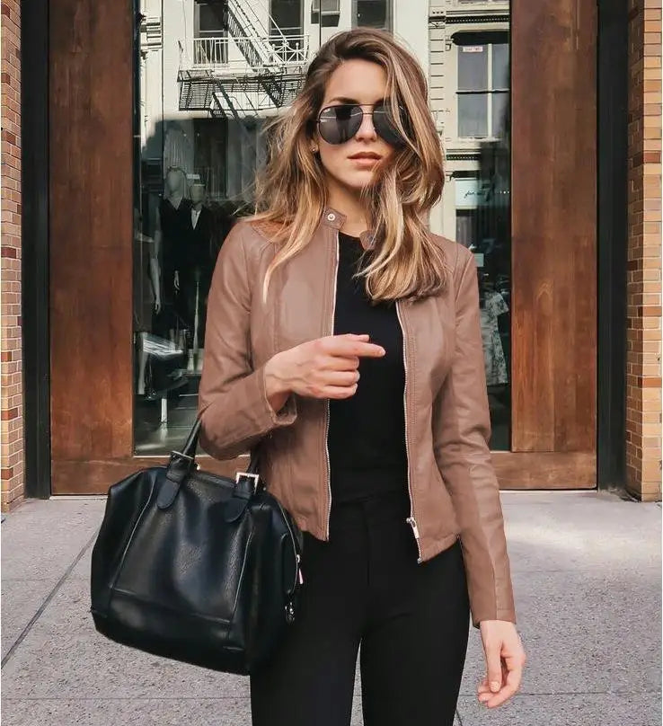 Women’s PU Leather Zipper Bike Coat
