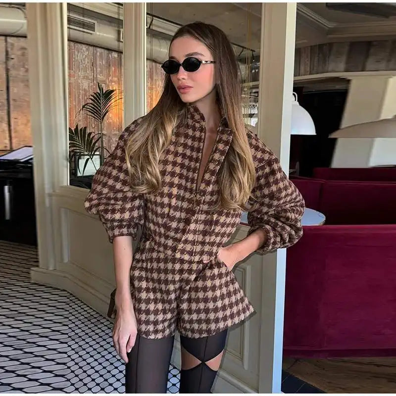 2025 Spring Retro Plaid Women Sets Casual Chic Full Sleeve