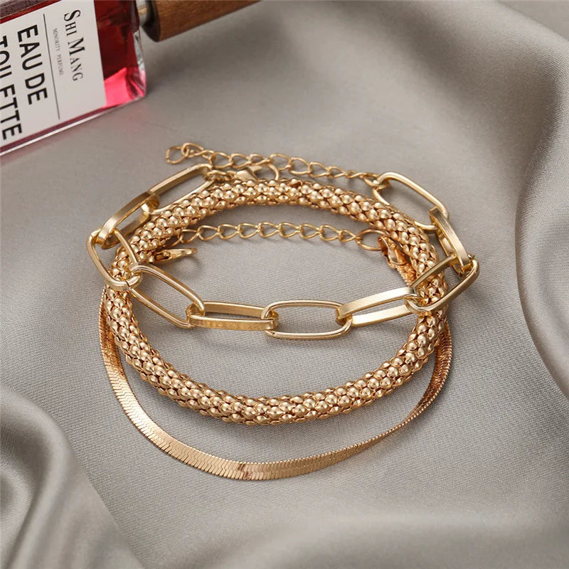 3Pcs Gold Plated Snake Bone Popcorn Chain Bracelet Set