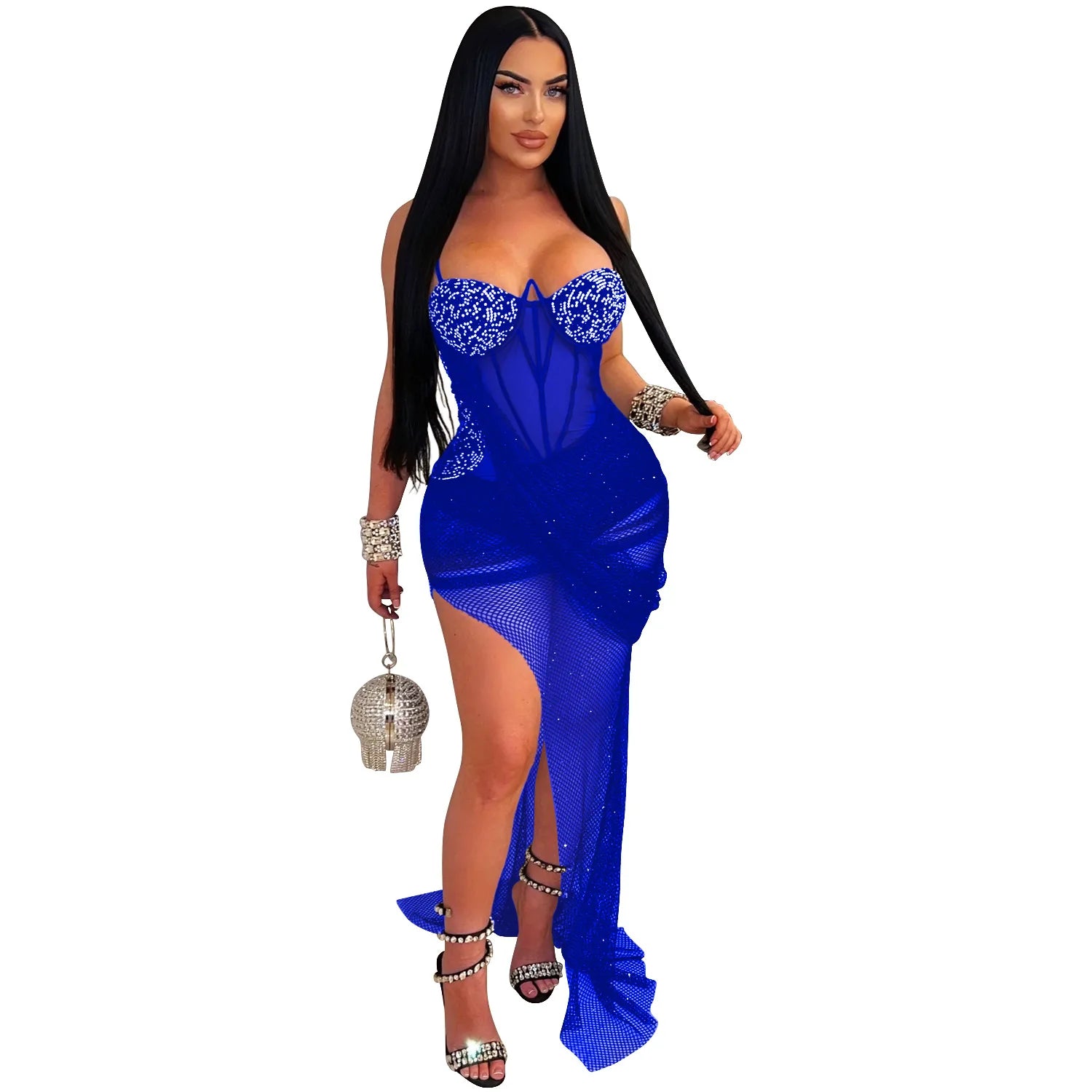 CM.YAYA Women Mesh Strapless Perspective Rhinestone Strap Maxi Long Dress