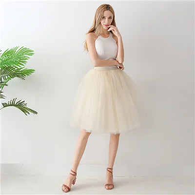 5-Layer Black Pleated Tulle Midi Skirt