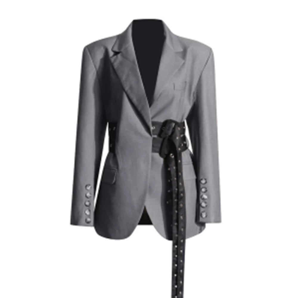VGH Fashion Patchwork Belts Blazers For Women Notched Collar Long Sleeve Hit Color Casual Temperament Blazer Female Fashion New