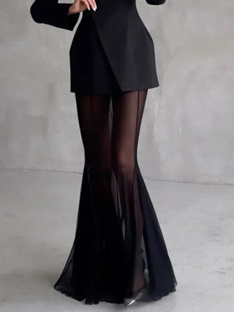 Elegant Solid Blazer Skirt Set Women Long Sleeve Button V-neck Blazer Lace See Through Long Skirts 2025 Spring Party Lady Suit