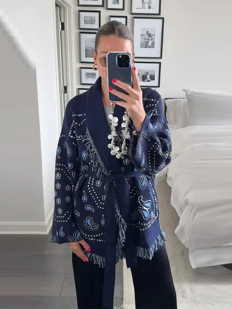 Tassel Patchwork Printed Cardigan Women Geometric Patterns Belts
