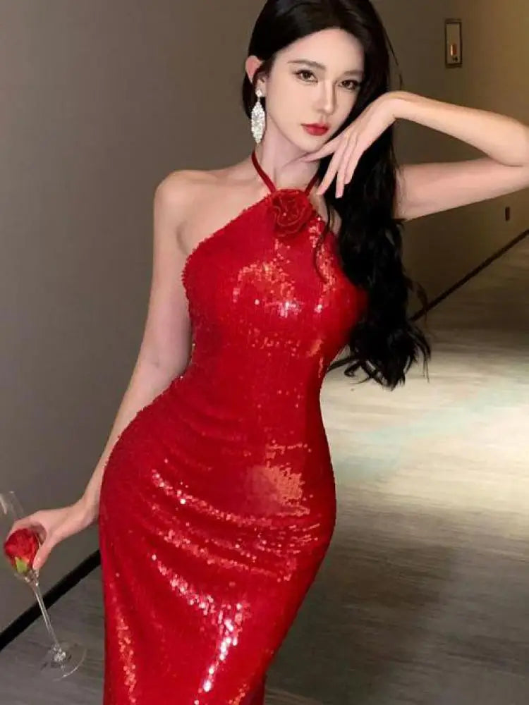 Summer Red Sequined Women's Halter Neck Dresses Fashion Backless Bandage Dress Sexy Party Female Birthday Evening Long Dress New