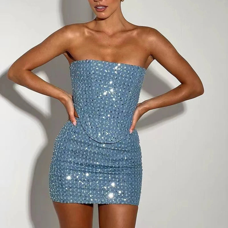 Sexy Ladies Strapless Top and Mini Skirt Suit Fashion Club Party Solid Sequin Outfit Casual 2025 Off Shoulder Slim Two Piece Set