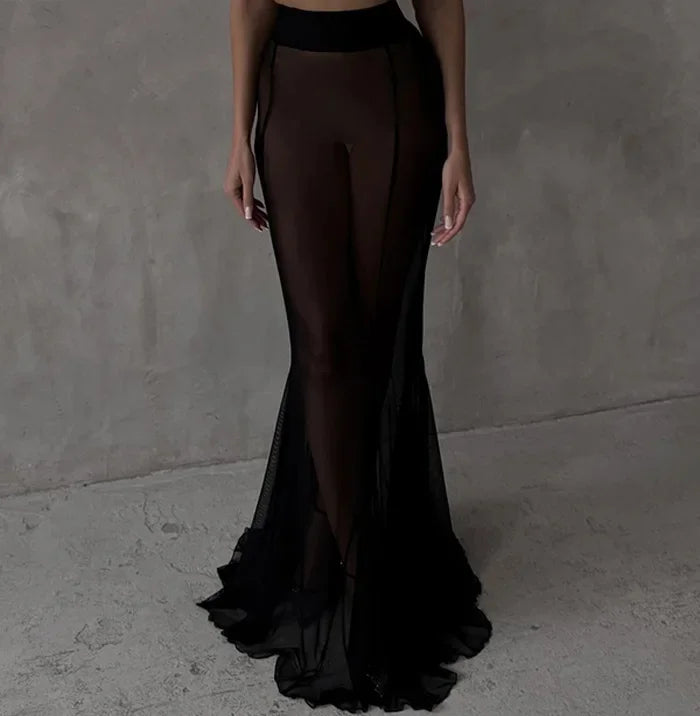 New Cross-Border Long Sleeve Satin Top Set Loose Elastic Mesh Half Skirt Two Piece Set Polyester Fiber Floor-Length Skirt