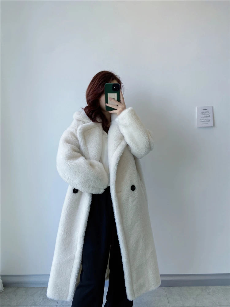 Winter Jacket Women Long Coat Wool Woven Fabric Thick Warm