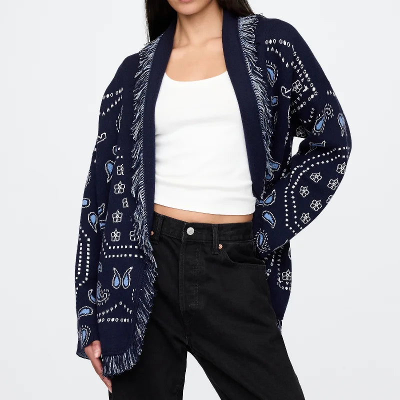 Tassel Patchwork Printed Cardigan Women Geometric Patterns Belts