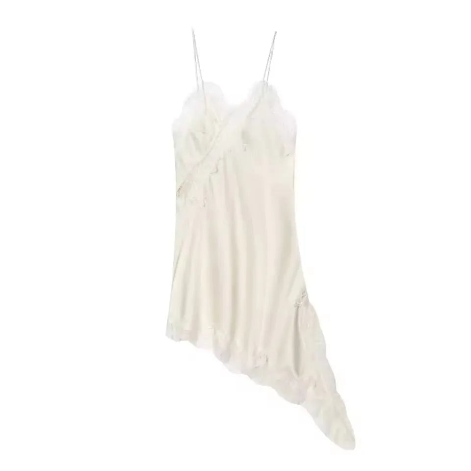 Women Lace Satin Dress Asymmetrical Lace Hem Spaghetti Strap