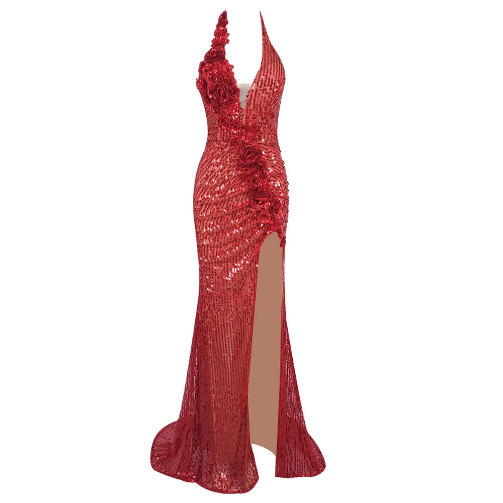 Glamorous Red Sequin Evening Dress with High Slit and Floral Detailing Sexy Party Cocktail Long Dress Sexy Women Vestidos