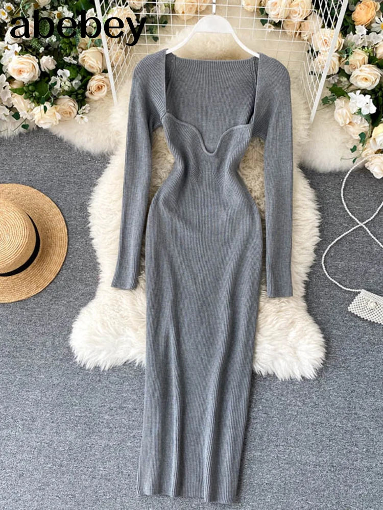Dresses For Women 2026 Sexy Strapless Ribbed Knitted Bodycon Dress Women Winter Long Sleeve Midi Sweater Dress Clothes