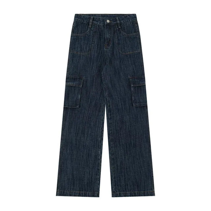 Korean Retro Men'S Loose Wide Leg Jeans High Street Straight Leg Pants Casual Jeans Multi Pocket Work Pants