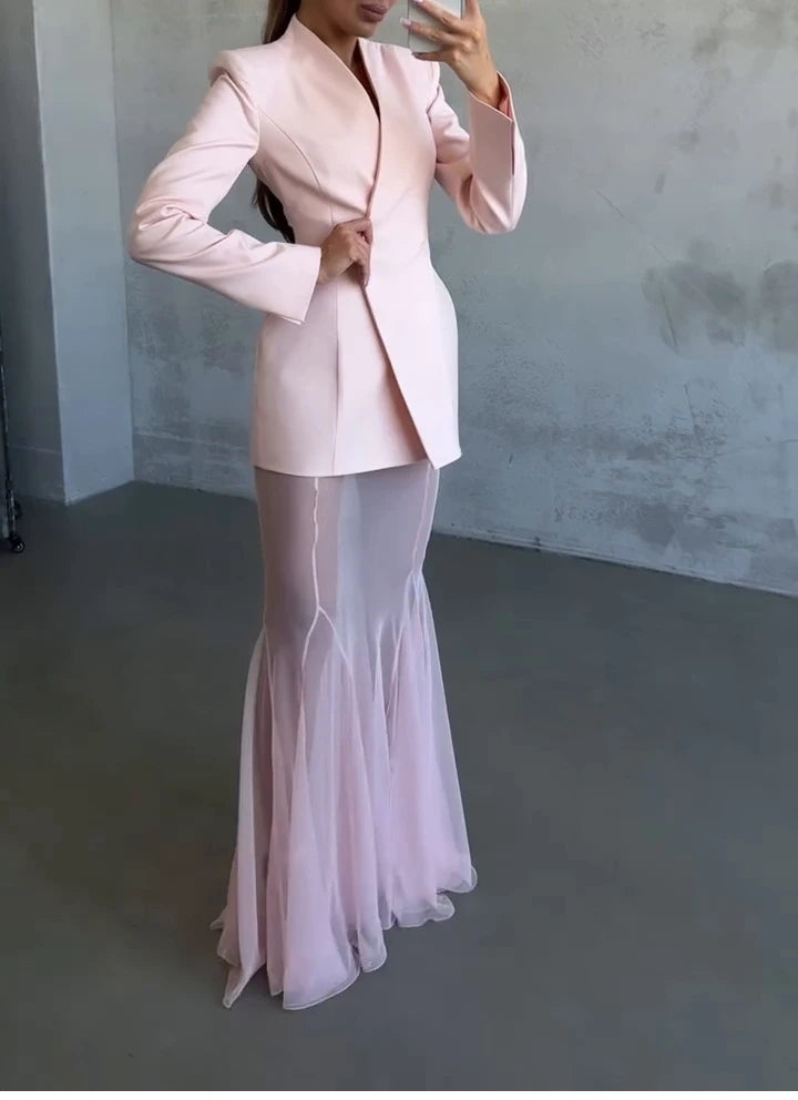 Yitimuceng Elegant Solid Mesh Maxi Skirt 2 Piece Set Women Streetwear V Neck Long Sleeve Coat 2025 New Autumn Winter Skirt Sets