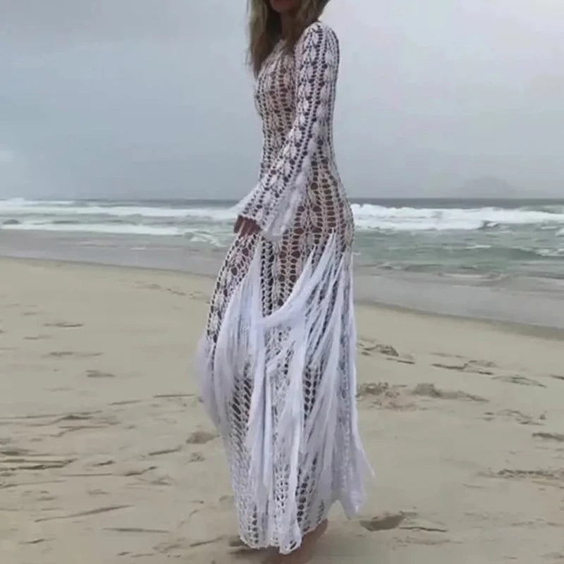 Fashion Fringe Patchwork Slim Long Robe Dress Beach Holiday Hollow Knitted Women's Dress 2025 Casual Summer Long Sleeved Dresses