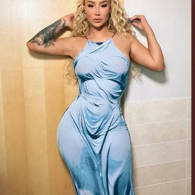 Printed Sexy Dry Wet Dress Women 2023 Sleeveless Backless Strap Long Close-fitting Sheath Female Party Evening Dresses Vestidos