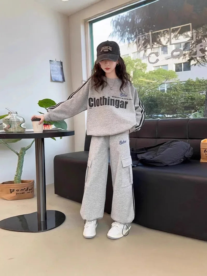 Girls Striped Sweatshirt & Wide Leg Tracksuit
