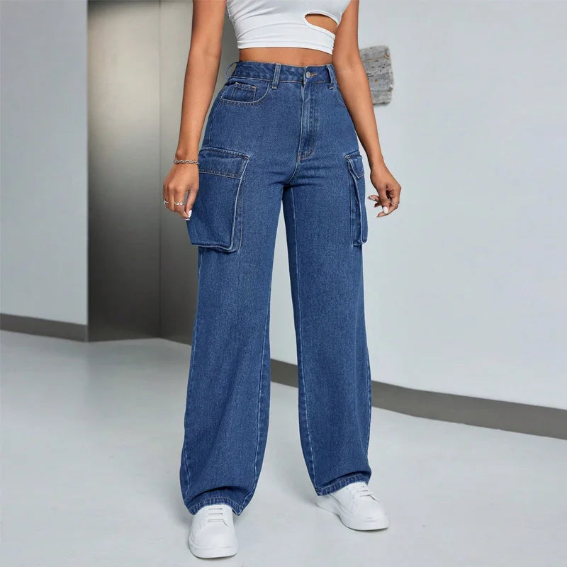 Benuynffy High Waist Multi-pocket Loose Cargo Jeans Women's Streetwear Casual Zipper Fly Washed Straight Leg Denim Pants
