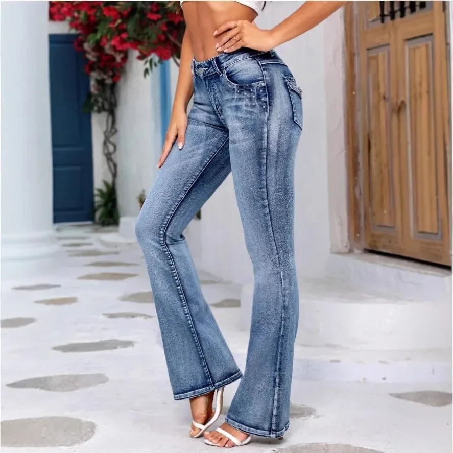 Embroidered Wide Leg Denim Trousers