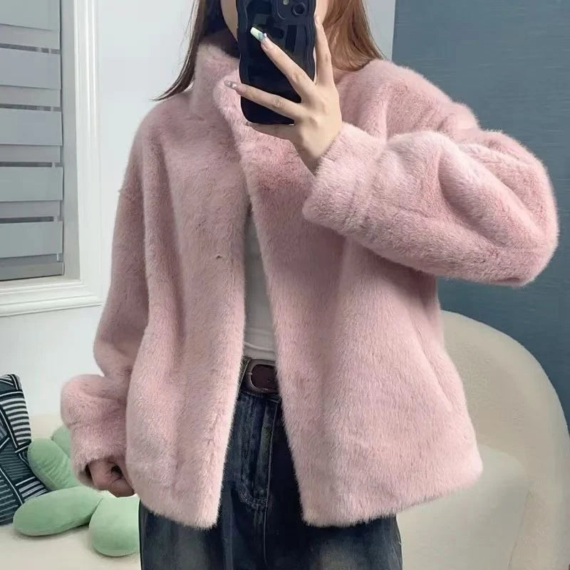 Women Fashion Stand Collar Mink Fur Top Female Long Sleeves